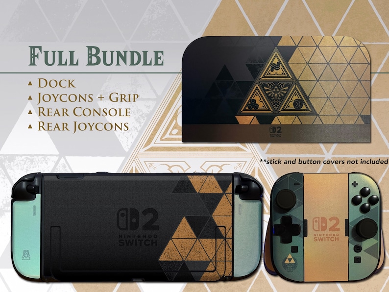 May include: A Nintendo Switch console skin set featuring a black and gold geometric Triforce design. The bundle includes decals for the dock, rear console, Joy-Cons, and Joy-Con grip. Text reads Full Bundle, Dock, Joycons + Grip, Rear Console, Rear Joycons.