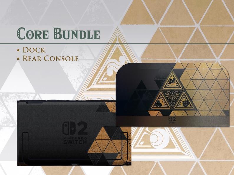 May include: A Nintendo Switch Core Bundle featuring a black and gold console dock and a rear console plate. The dock displays a central triangular emblem with intricate gold line art, while the rear plate features a matching geometric pattern.