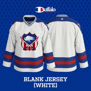 May include: White blank hockey jersey with blue and red accents. The jersey features a V-neck collar and long sleeves with blue and red stripes. The front displays a logo with a bison, crossed swords, and a shield.