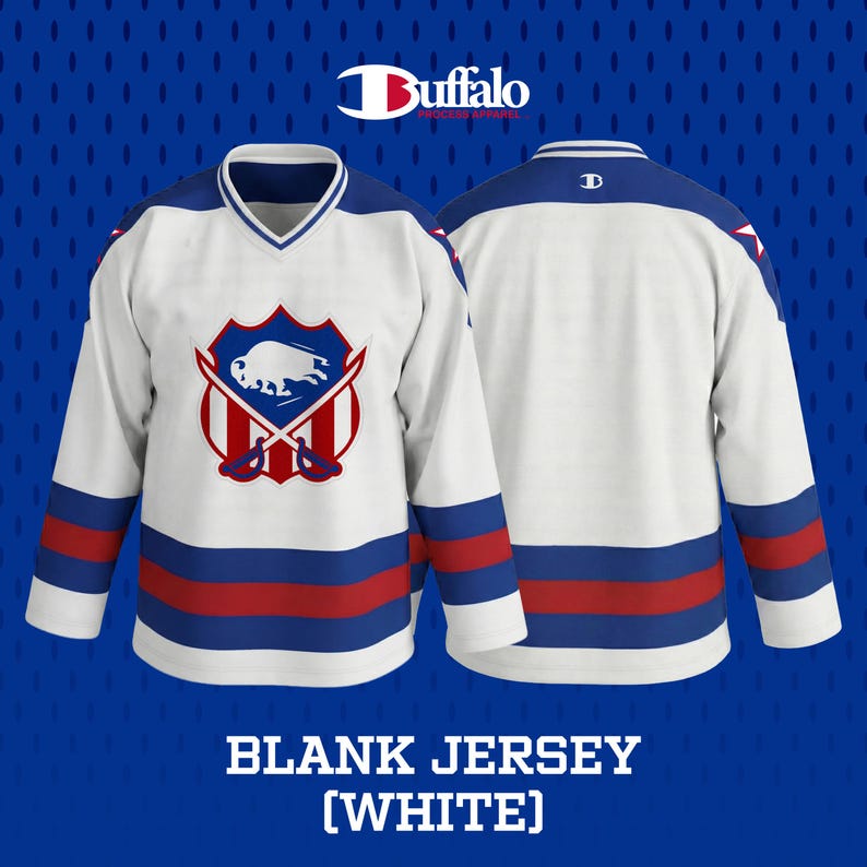 May include: White blank hockey jersey with blue and red accents. The jersey features a V-neck collar and long sleeves with blue and red stripes. The front displays a logo with a bison, crossed swords, and a shield.