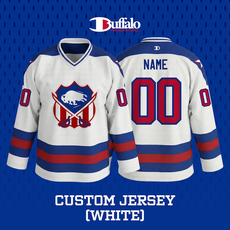 May include: White custom hockey jersey with blue and red accents. The jersey features a buffalo logo on the front and the text "NAME" and the number "00" on the back. The jersey has a v-neck collar and long sleeves. The text "CUSTOM JERSEY (WHITE)" is at the bottom.