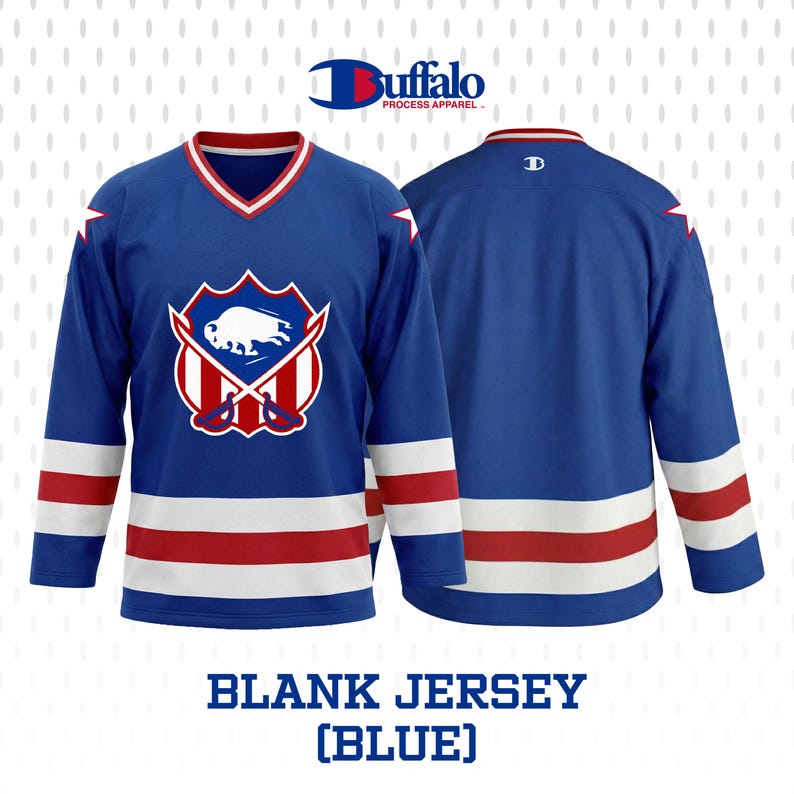 May include: A blue hockey jersey with white and red stripes on the sleeves and bottom. The jersey features a logo with a buffalo and crossed hockey sticks. The text "BLANK JERSEY (BLUE)" is at the bottom.