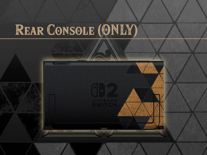 May include: A black Nintendo Switch console back panel featuring a geometric pattern of triangles in black and tan on the right side. The text REAR CONSOLE (ONLY) is displayed above the device, and the Nintendo Switch logo is centered on the back.