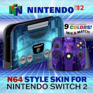 May include: A transparent blue N64-style skin for the Nintendo Switch 2, with a matching purple controller. The image includes the text "NINTENDO" and "N64 STYLE SKIN FOR NINTENDO SWITCH 2". The design is available in 9 colors.