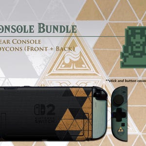 May include: A Nintendo Switch console bundle skin set featuring a black and tan geometric triangle pattern. The set includes a rear console skin and two controller skins showing front and back views. Text reads Console Bundle, Rear Console, Joycons.