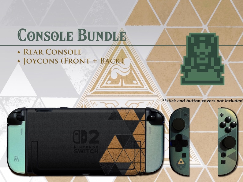 May include: A Nintendo Switch console bundle skin set featuring a black and tan geometric triangle pattern. The set includes a rear console skin and two controller skins showing front and back views. Text reads Console Bundle, Rear Console, Joycons.