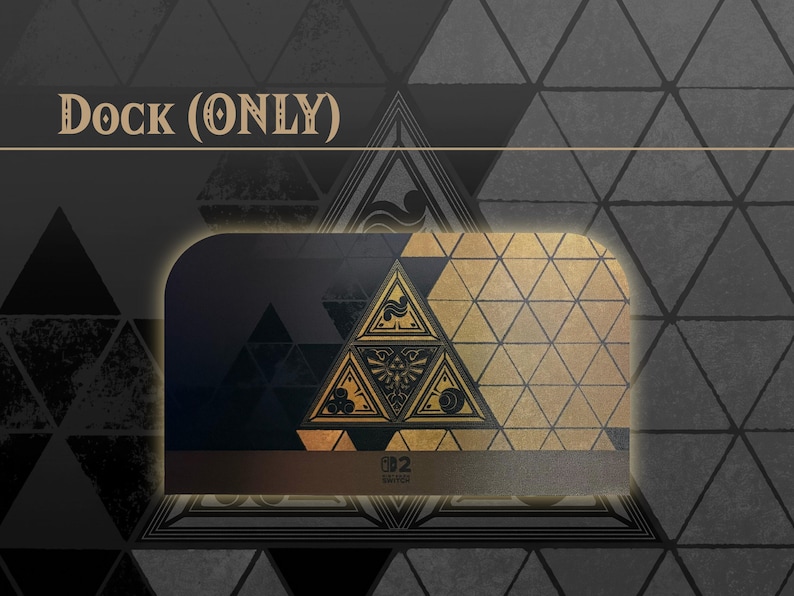 May include: A black and gold gaming console dock featuring a triangular emblem with three circular icons and a central crest. The text "Dock (ONLY)" appears at the top left, and a small "Switch" logo is visible at the bottom center of the unit.