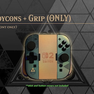 May include: A Nintendo Switch controller grip with two attached Joy-Con controllers featuring a gold and teal geometric pattern. The center grip displays the Nintendo Switch logo. Text reads: JOYCONS + GRIP (ONLY), (FRONT ONLY), **stick and button covers not included.