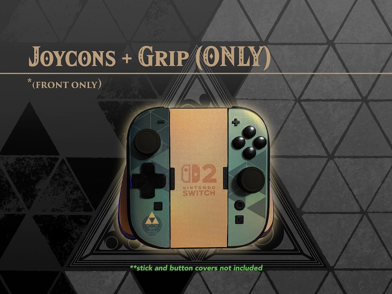 May include: A Nintendo Switch controller grip with two attached Joy-Con controllers featuring a gold and teal geometric pattern. The center grip displays the Nintendo Switch logo. Text reads: JOYCONS + GRIP (ONLY), (FRONT ONLY), **stick and button covers not included.