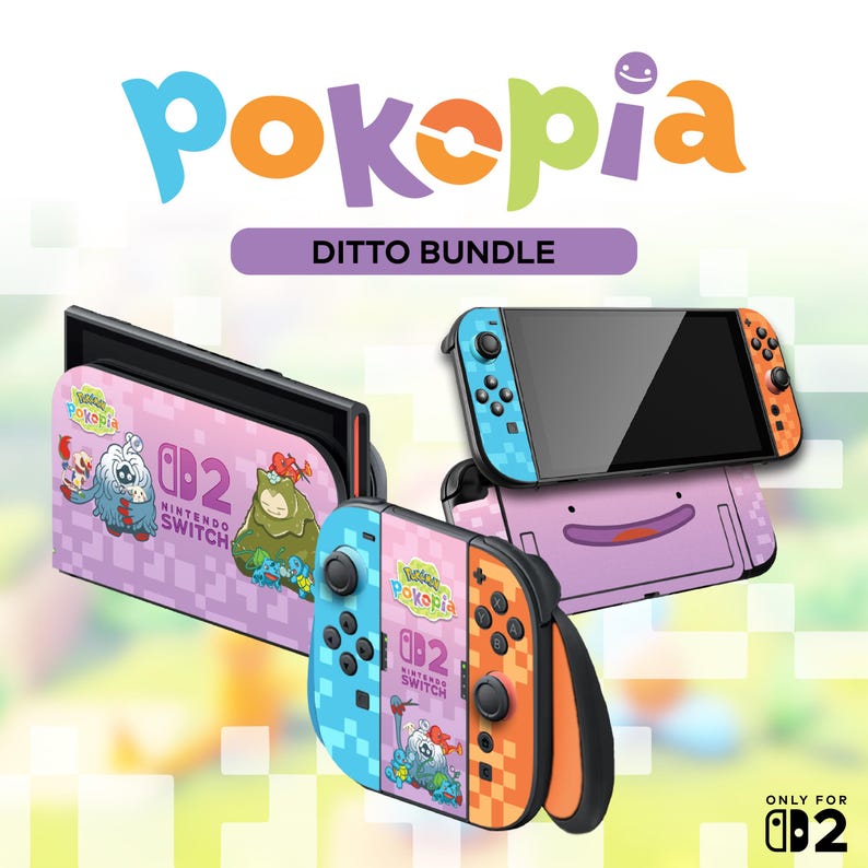 K&ouml;nnte beinhalten: Ein Nintendo Switch Ditto Bundle mit einem rosa und lila Thema. Das Bundle enth&auml;lt eine Konsole, Joy-Cons und eine Dockingstation, alle mit Charakterkunst und dem Text "Pokopia" und "Ditto Bundle" verziert.