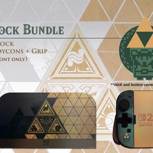 May include: A gaming console dock and controller grip set featuring a gold and black geometric Triforce-inspired design. The text reads Dock Bundle, Dock, Joycons + Grip (front only), and stick and button covers not included.