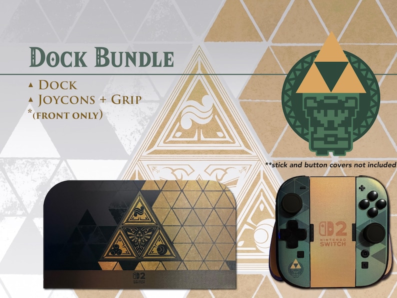 May include: A gaming console dock and controller grip set featuring a gold and black geometric Triforce-inspired design. The text reads Dock Bundle, Dock, Joycons + Grip (front only), and stick and button covers not included.