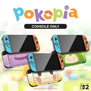K&ouml;nnte beinhalten: Das Bild zeigt drei Nintendo Switch-Konsolen mit farbenfrohen Joy-Cons. Die Konsolen befinden sich in H&uuml;llen mit Charakterdesigns: Ditto, Relaxo und Pikachu. Der Text "Pokopia" und "Console Only" sind oben zu sehen. Unten rechts steht "Only for Nintendo Switch 2".