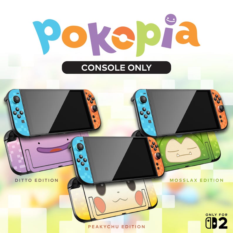 K&ouml;nnte beinhalten: Das Bild zeigt drei Nintendo Switch-Konsolen mit farbenfrohen Joy-Cons. Die Konsolen befinden sich in H&uuml;llen mit Charakterdesigns: Ditto, Relaxo und Pikachu. Der Text "Pokopia" und "Console Only" sind oben zu sehen. Unten rechts steht "Only for Nintendo Switch 2".