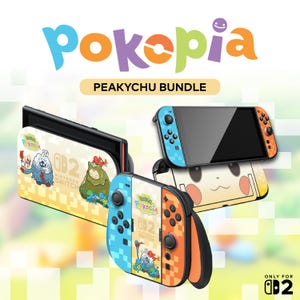 K&ouml;nnte beinhalten: Ein Nintendo Switch-Bundle mit einem blau-orangen Controller, einer Konsole und einer Dockingstation. Das Set ist mit Zeichentrickfiguren und den Texten "Pokopia" und "PeakyChu Bundle" verziert. Das Design ist f&uuml;r die Nintendo Switch.