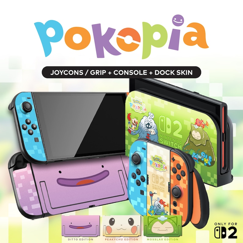 K&ouml;nnte beinhalten: Eine Nintendo Switch-Konsole und Zubeh&ouml;r mit farbenfrohen Skins. Das Bild zeigt eine Konsole, Joy-Cons und eine Dockingstation, alle mit Charakterdesigns verziert. Der Text "Pokopia" wird oben angezeigt.