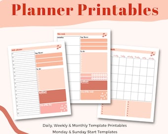 Daily, Weekly and Monthly Blank Printable Planner Templates - PaperNRoses - Peach Tones - Sunday and Monday Start - PDF & PNG