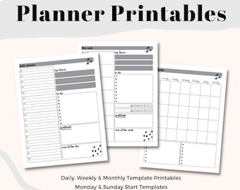 Daily, Weekly and Monthly Blank Printable Planner Templates - PaperNRoses - Black and White - Sunday and Monday Start - PDF & PNG