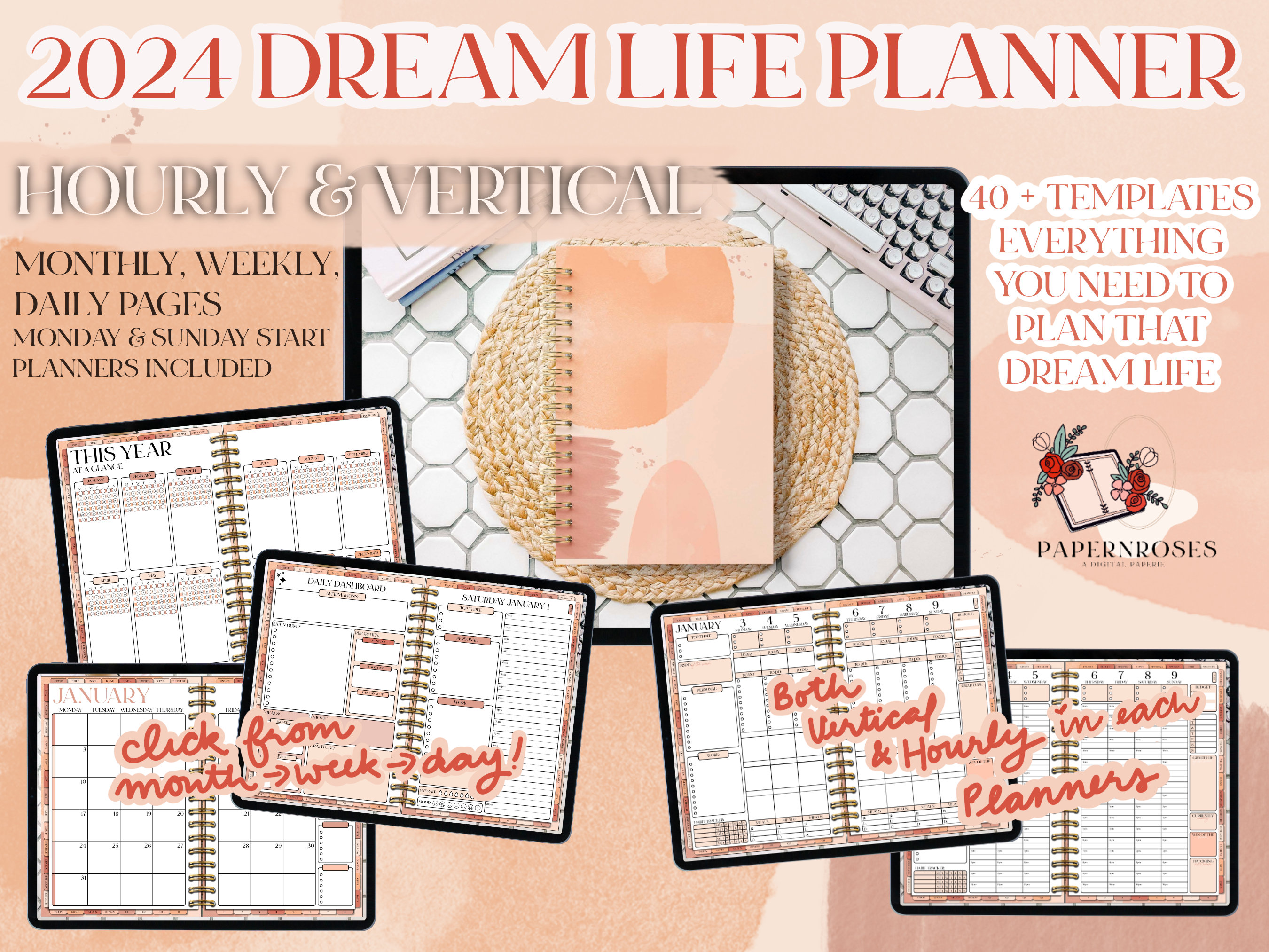 2024 Dream Life Planner Includes Both HOURLY & VERTICAL Weekly Templates  Warm Neutral Life Planner 40 Templates Full Tutorial 