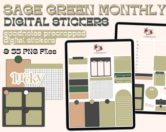 Sage Green Digital Planner Stickers - Widgets - Monthly Kit - Goodnotes Precropped and Individual PNG files
