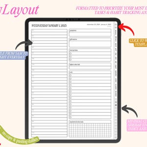 May include: A digital planner template for a tablet, with a black and white design. The template is formatted to prioritize tasks, habit tracking, and mindset. The template includes a weekly schedule, a daily to-do list, and a section for notes. The template also includes a sidebar with clickable icons for indexing and navigating to different months.