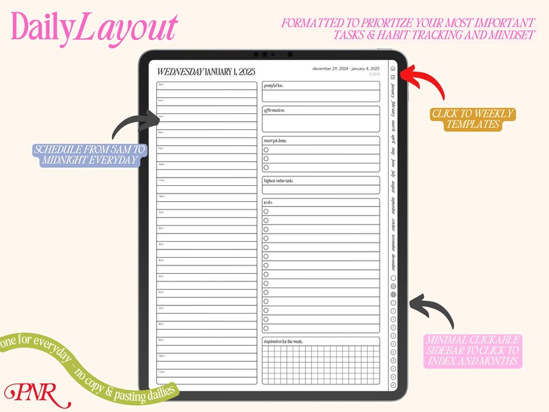 May include: A digital planner template for a tablet, with a black and white design. The template is formatted to prioritize tasks, habit tracking, and mindset. The template includes a weekly schedule, a daily to-do list, and a section for notes. The template also includes a sidebar with clickable icons for indexing and navigating to different months.