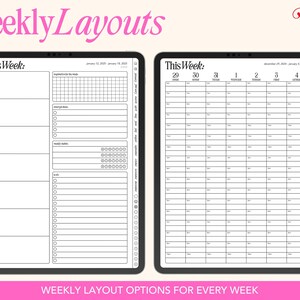 May include: Two weekly planner layouts on a digital tablet screen. The first layout has a section for "This Week" with space for daily tasks, a to-do list, and a habit tracker. The second layout is a grid with numbered days of the week and space for hourly scheduling.