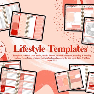 May include: A set of printable lifestyle planner templates in a pink and red color scheme. The templates include pages for monthly budget, fitness, meals, morning and evening routines, habit tracker, contacts, password keeper, vision board, and color palette.