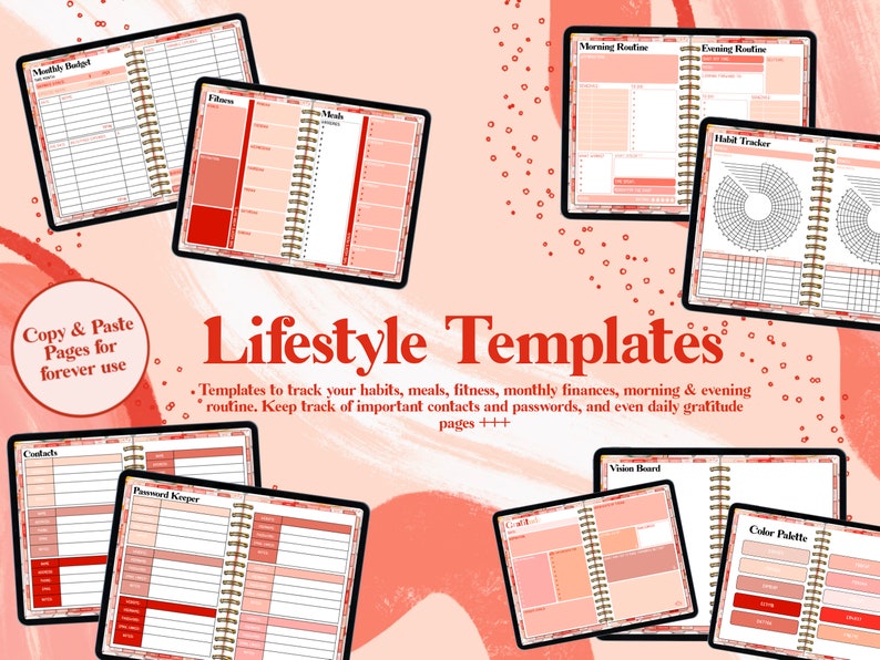May include: A set of printable lifestyle planner templates in a pink and red color scheme. The templates include pages for monthly budget, fitness, meals, morning and evening routines, habit tracker, contacts, password keeper, vision board, and color palette.