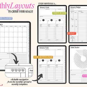 May include: A digital planner template for January with a calendar, goal setting pages, a vision board, a budget tracker, and a habit tracker. The template is designed to help users crush their goals.