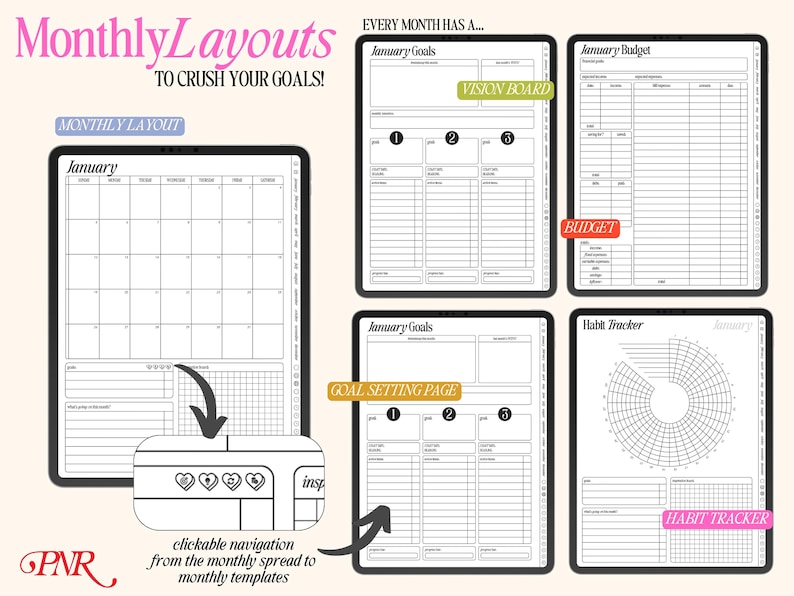 May include: A digital planner template for January with a calendar, goal setting pages, a vision board, a budget tracker, and a habit tracker. The template is designed to help users crush their goals.