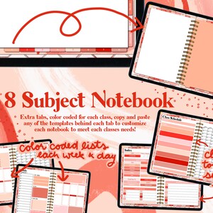 May include: An 8 Subject Notebook with color-coded tabs for each subject. The notebook has a pink and orange marble design with gold accents. The text "Click to each subject tab" is visible on the right side of the image.