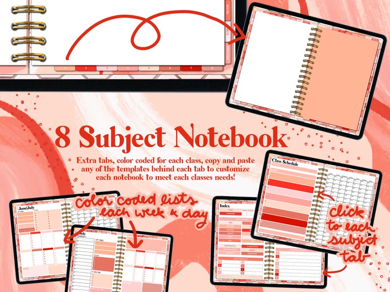 May include: An 8 Subject Notebook with color-coded tabs for each subject. The notebook has a pink and orange marble design with gold accents. The text "Click to each subject tab" is visible on the right side of the image.
