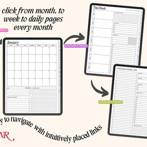 May include: A digital planner with clickable links to navigate between monthly, weekly, and daily views. The planner features a calendar, weekly schedule, and daily log pages.