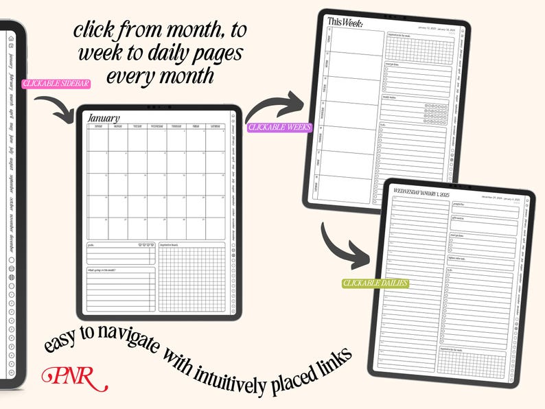 May include: A digital planner with clickable links to navigate between monthly, weekly, and daily views. The planner features a calendar, weekly schedule, and daily log pages.