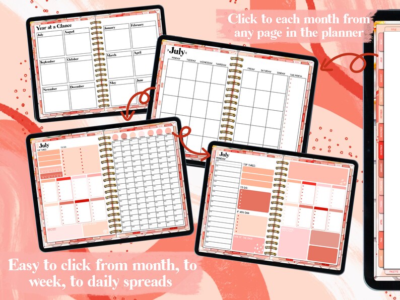 May include: A digital planner app with a pink and peach color scheme. The app features a year at a glance view, monthly calendar view, weekly view, and daily view. The app is designed to help users plan and organize their time.
