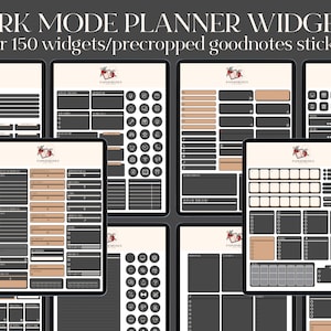 Può includere: Widget del planner digitale in modalità scura visualizzati su più tablet. Gli schermi presentano una varietà di layout con schemi di colori nero, beige e bianco. Il testo in alto recita "DARK MODE PLANNER WIDGETS" e "over 150 widgets/precropped goodnotes stickers."