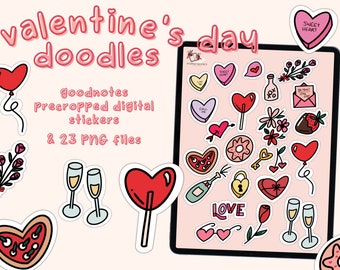Valentine's Day Doodles Sticker Sheet Goodnotes Pre-Cropped, Pink, Digital Sticker Sheet and PNG files - PaperNRoses - Cute Hand Drawn