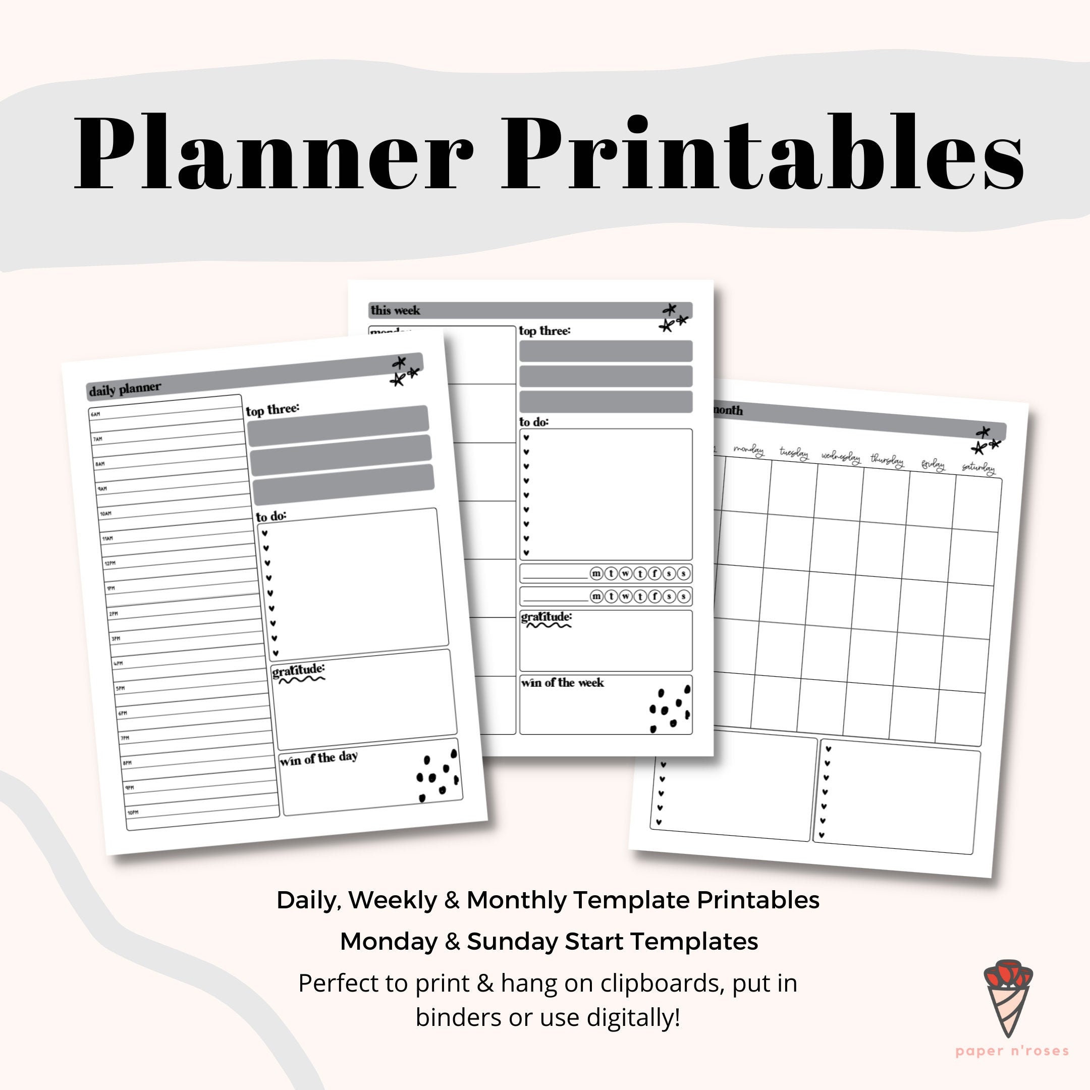 Daily, Weekly and Monthly Blank Printable Planner Templates - PaperNRoses - Black and White - Sunday and Monday Start - PDF & PNG