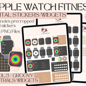 May include: A set of 58 digital stickers and widgets for Apple Watch fitness tracking. The stickers feature a variety of colorful designs, including circles, rings, and bars. The stickers are pre-cropped and ready to use in digital planners and journals.