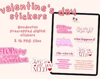 Valentine's Typography Doodles Digital Sticker Sheet Goodnotes Pre-Cropped,Sticker Sheet and PNG files - PaperNRoses - Cute Hand Drawn