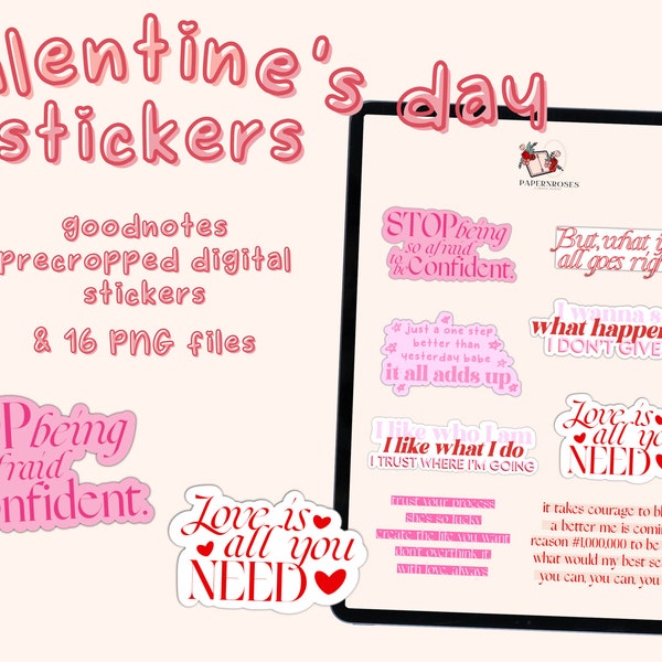 Valentine's Typography Doodles Digital Sticker Sheet Goodnotes Pre-Cropped,Sticker Sheet and PNG files - PaperNRoses - Cute Hand Drawn