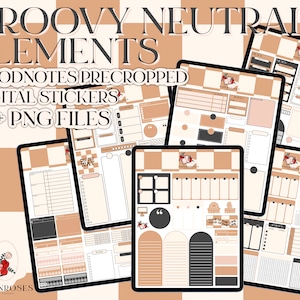 Puede incluir: Pegatinas digitales para GoodNotes con un tema neutro groovy. La imagen muestra varias tabletas digitales que muestran varios diseños de pegatinas, incluyendo listas de verificación, calendarios y elementos decorativos. El texto en la imagen dice "Groovy Neutrals Elements" y "90+ PNG Files".