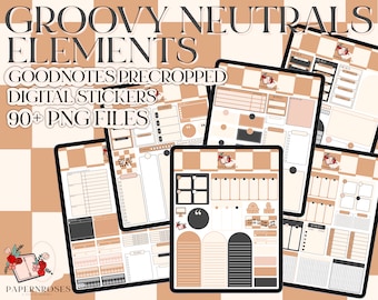 Dream Life Core Elements Goodnotes 5 Sticker Set - Groovy Neutrals - 6 Precropped sticker sheets 90+ transparent PNG files