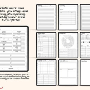 May include: A digital planner with a black and white design. The planner includes pages for goal setting, meal planning, fitness planning, reset day planner, vision board, and reflection. The planner also includes an index page.