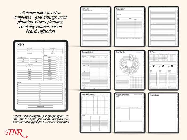 May include: A digital planner with a black and white design. The planner includes pages for goal setting, meal planning, fitness planning, reset day planner, vision board, and reflection. The planner also includes an index page.