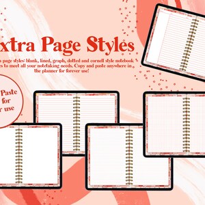 May include: Five different styles of notebook pages, including blank, lined, graph, dotted, and Cornell style. The pages are shown in a digital format, with a red and white patterned border. The text "Extra Page Styles" and "Copy & Paste Pages for forever use" is also included in the image.