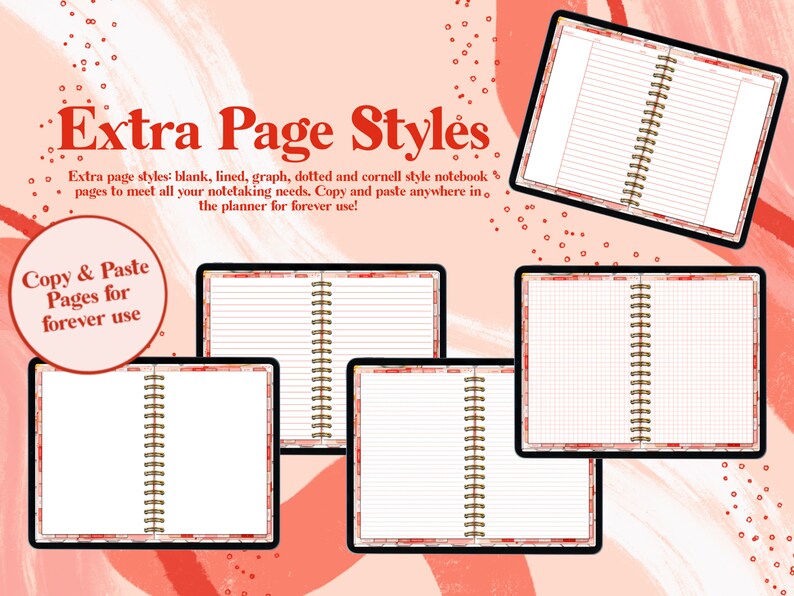 May include: Five different styles of notebook pages, including blank, lined, graph, dotted, and Cornell style. The pages are shown in a digital format, with a red and white patterned border. The text "Extra Page Styles" and "Copy & Paste Pages for forever use" is also included in the image.