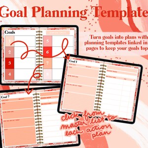 May include: A digital planner with a pink and orange color scheme. The planner has a section for listing goals and a section for planning action steps. The text "Goal Planning Templates" is at the top of the image. The text "Turn goals into plans with action planning templates linked in a master pages to keep your goals top of mind" is in the upper right corner of the image. The text "click from master list to each action plan" is in the lower right corner of the image.