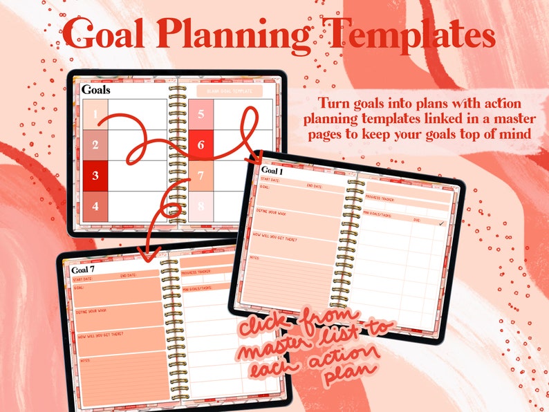May include: A digital planner with a pink and orange color scheme. The planner has a section for listing goals and a section for planning action steps. The text "Goal Planning Templates" is at the top of the image. The text "Turn goals into plans with action planning templates linked in a master pages to keep your goals top of mind" is in the upper right corner of the image. The text "click from master list to each action plan" is in the lower right corner of the image.